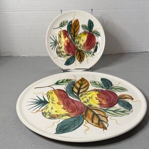 Vintage Serving &  Dessert Plate Colorful  Fruit Design Set Pear & Apple Ceramic